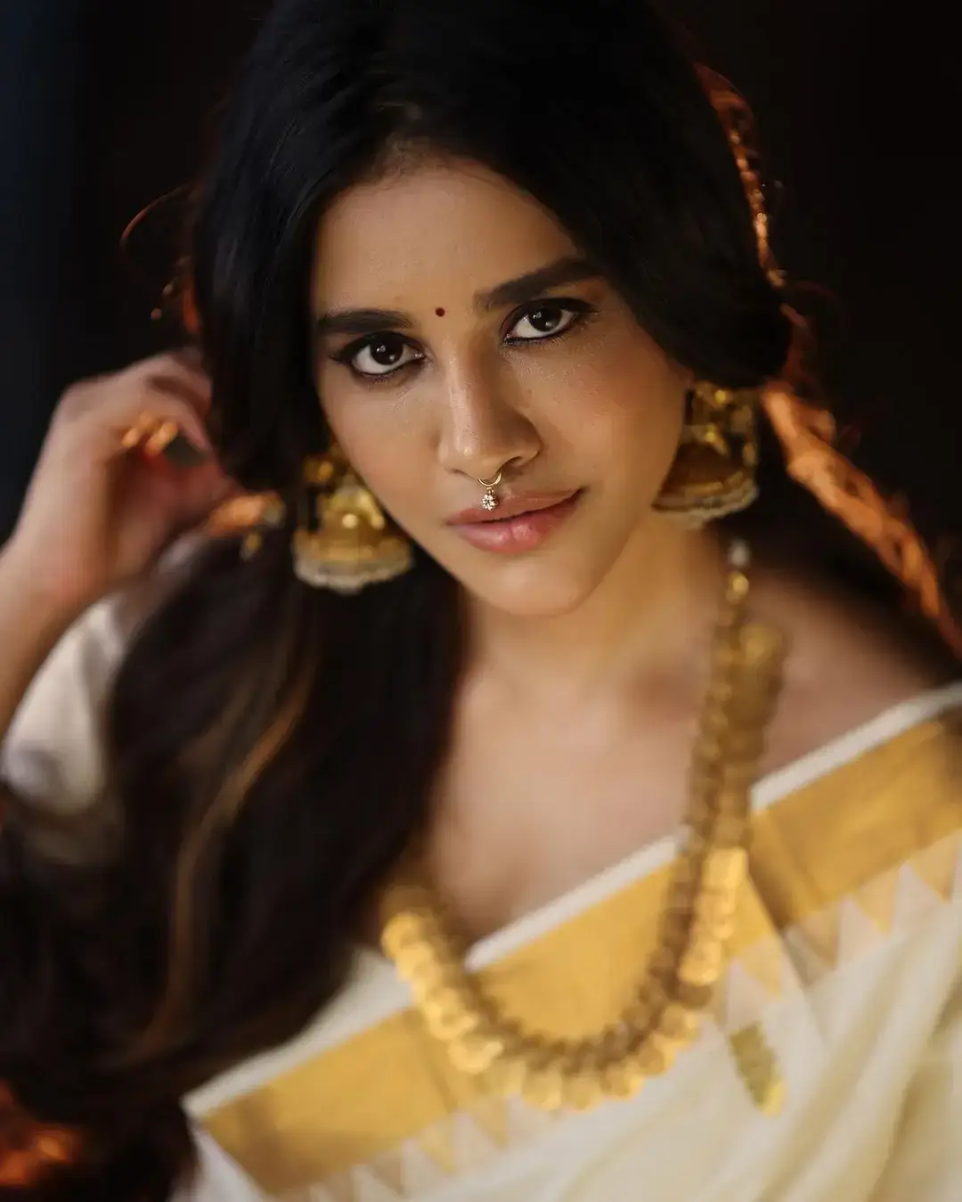 Indian Actress Nabha Natesh in Onam Special White Saree